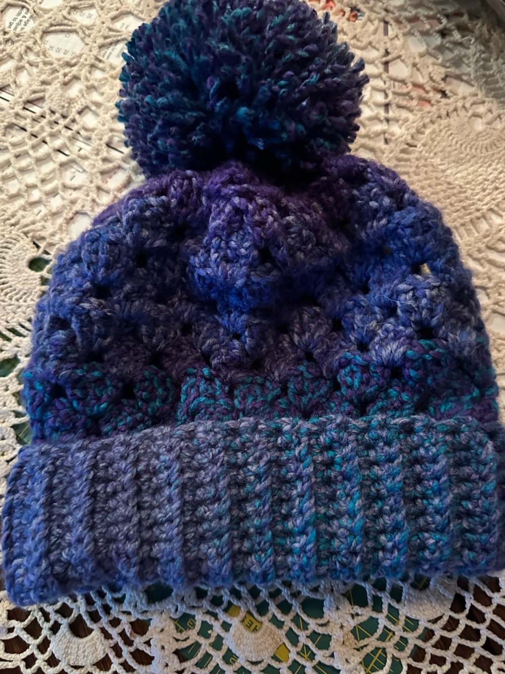 Handmade Chunky Knit Pom Beanie in Variegated Blues and Purple